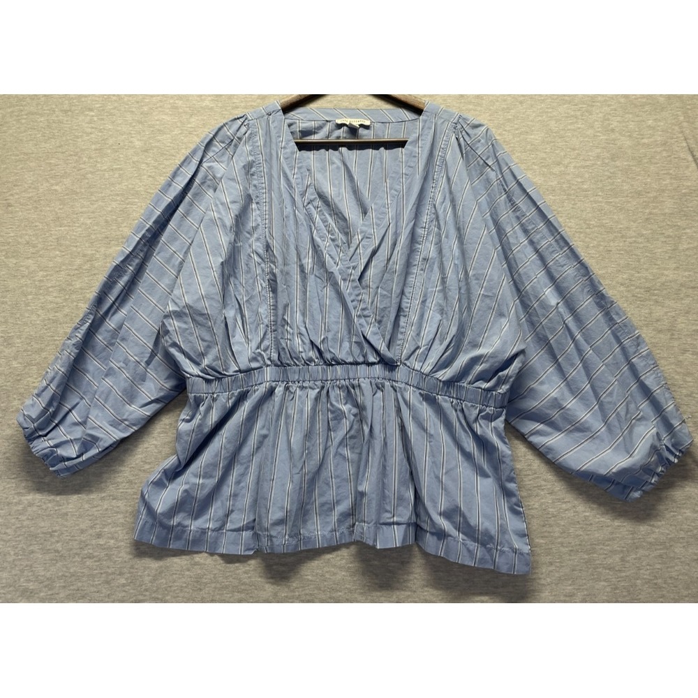 Free Assembly Wrap Blouse Top Womens XL Blue Striped Surplice Neck Dolman Sleeve